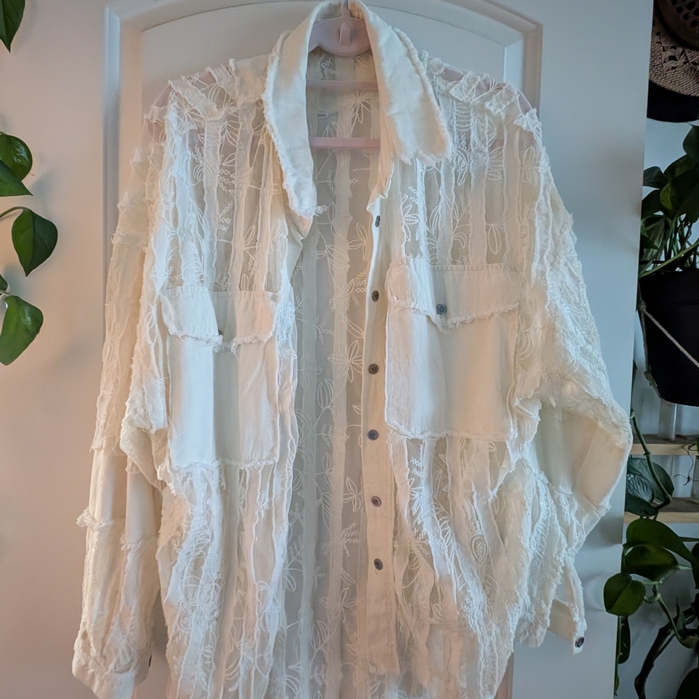 Women's Cream Button-Down Sheer Fringe Shirt